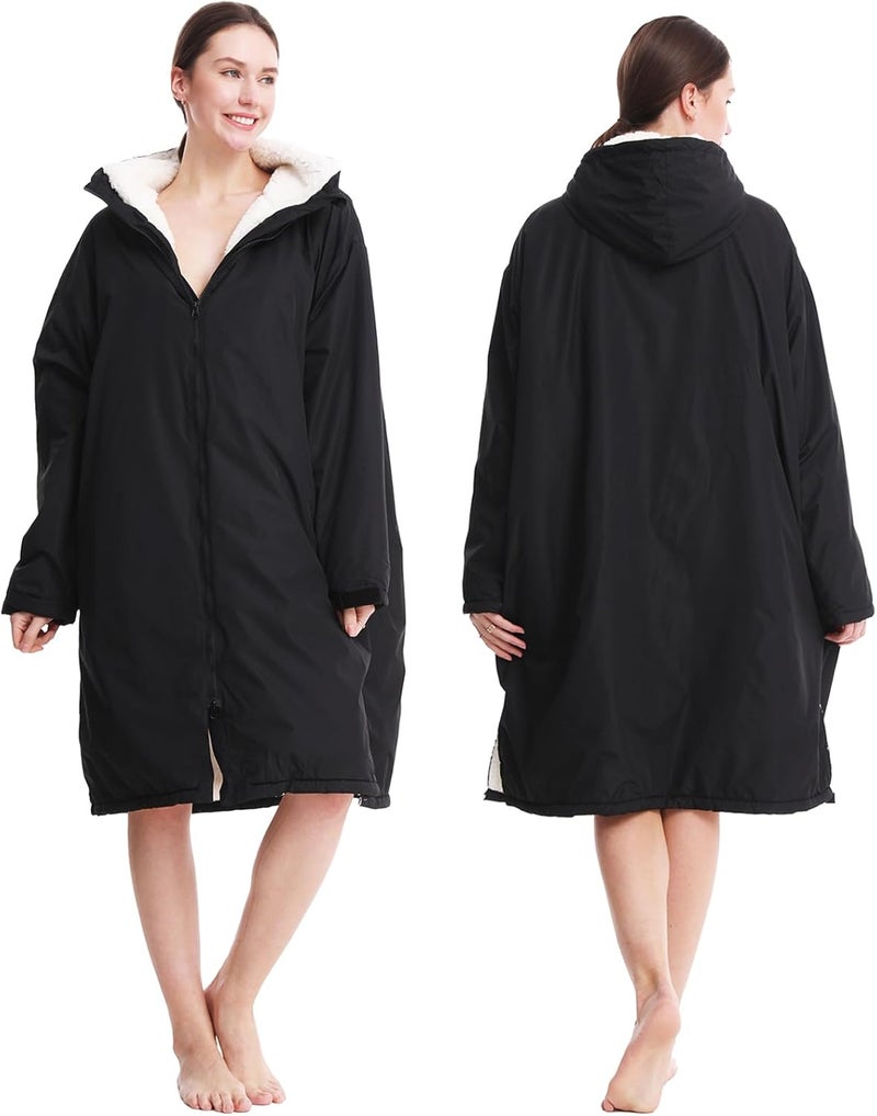 Oksun Waterproof Swim Parka, Windproof Surf Poncho Warm Coat, Recycled Fabric Water Resistent Oversized Sherpa Lining Jacket - Image 1